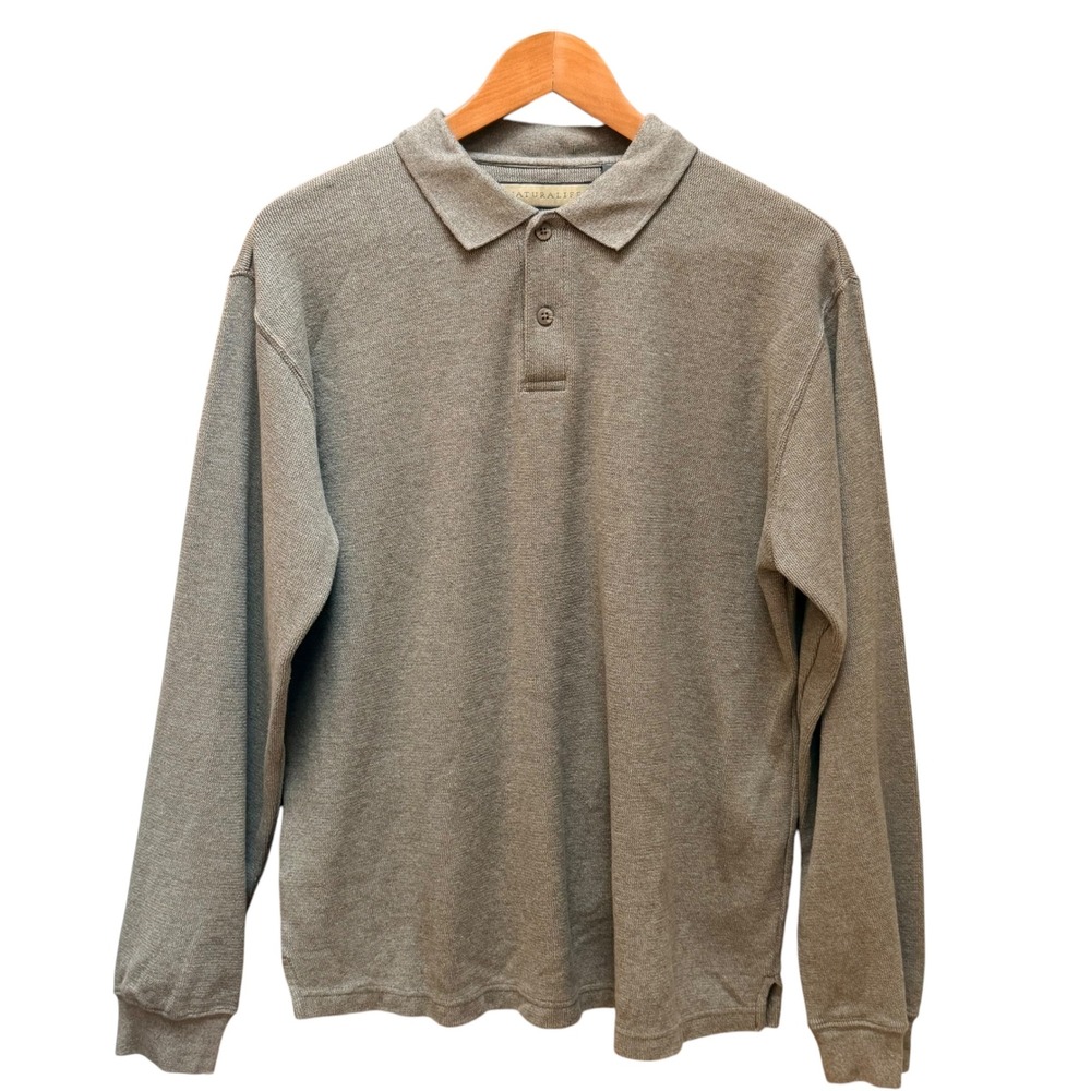 Naturalife Polo Mens L Tan Long Sleeve Textured Knit Cotton Casual Classic Shirt